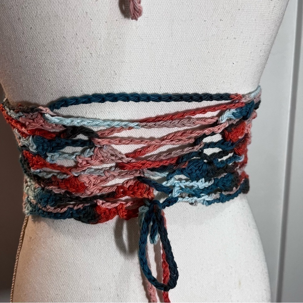 Boho Multi Colored Crochet Halter Top Lace Up Open Back - Picture 5 of 8